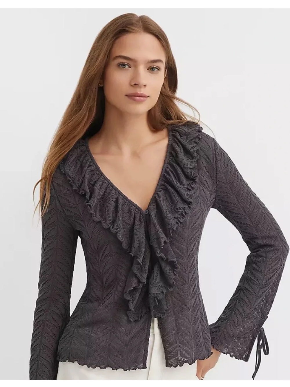 LOFT Pointelle Ruffle Tie Cuff Top Size L Ruffle Romantic Flounce